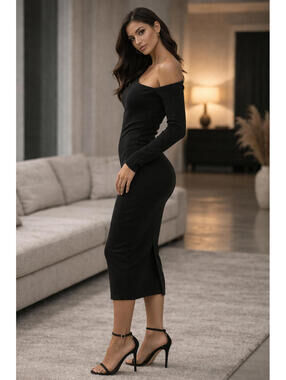 Enza Costa Black Long Sleeve Midi Dress Small Minimalist Bodycon Designer Classi